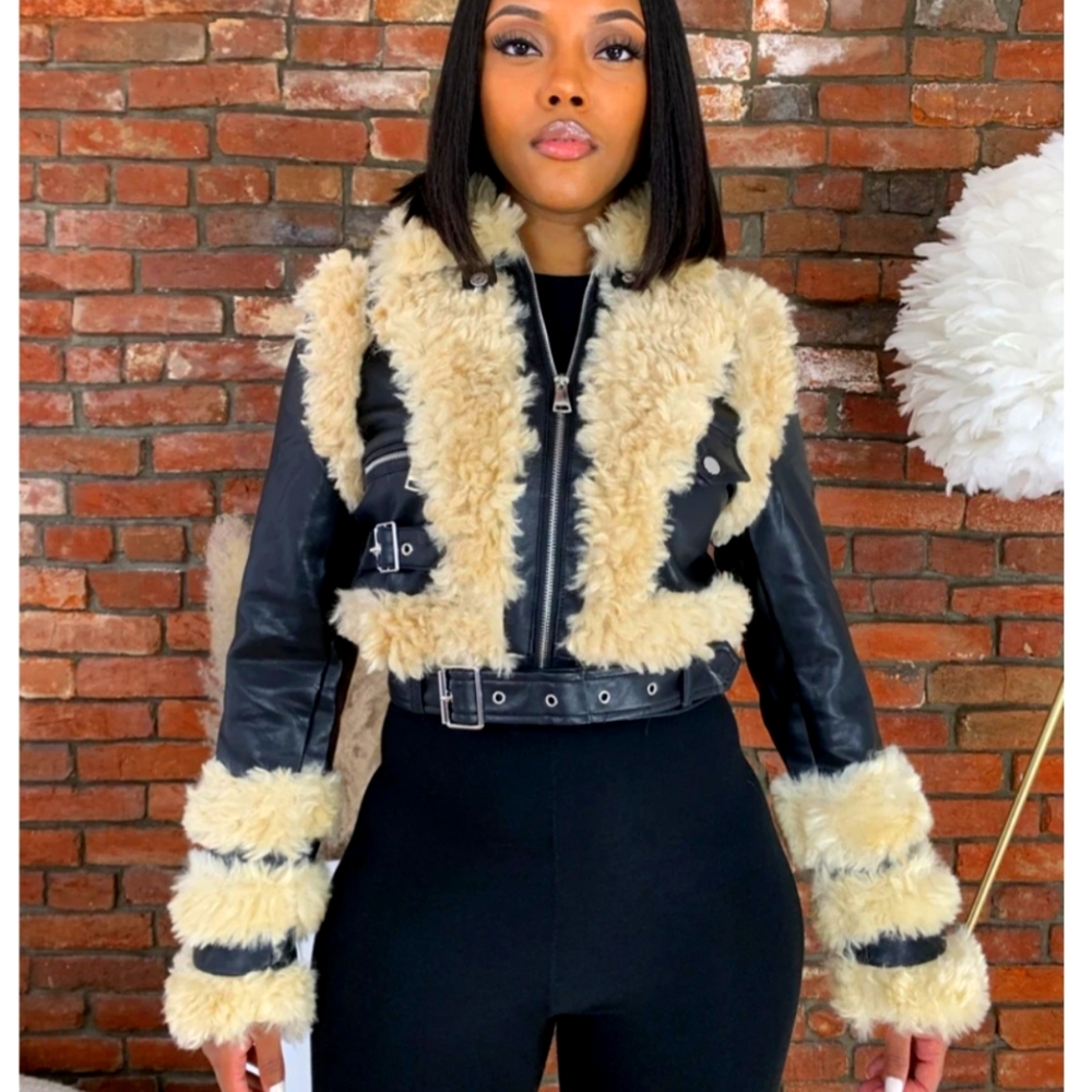 Black Leather Ski Jacket with Cream Shearling Trim - Picture 2 of 4